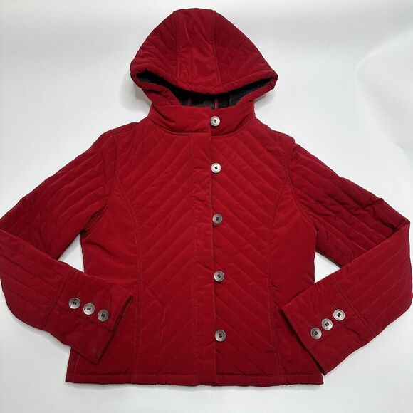 Calvin Klein Womens Short Coat Hooded Red Quilted Faux Fur Lined Petite Medium - Picture 1 of 15